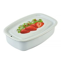 Novomoskovsjka Posuda Strawberry Enamel Tray with Lid 1.1 Qt (1 L) Enameled Steel Container Enamelware Food Storage Container with Lid Kitchen Food Container, White, Red