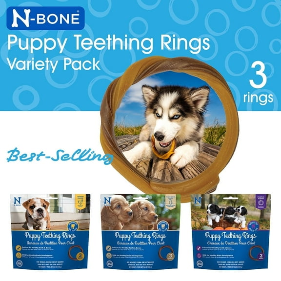 N-Bone Puppy Teething Rings Variety Pack Dried Chew Rings for Puppy Dogs, Chicken & Pumpkin & Peanut Butter Flavor, 3-rings Bag x 3, 10.8 oz, for Small and Large Dogs