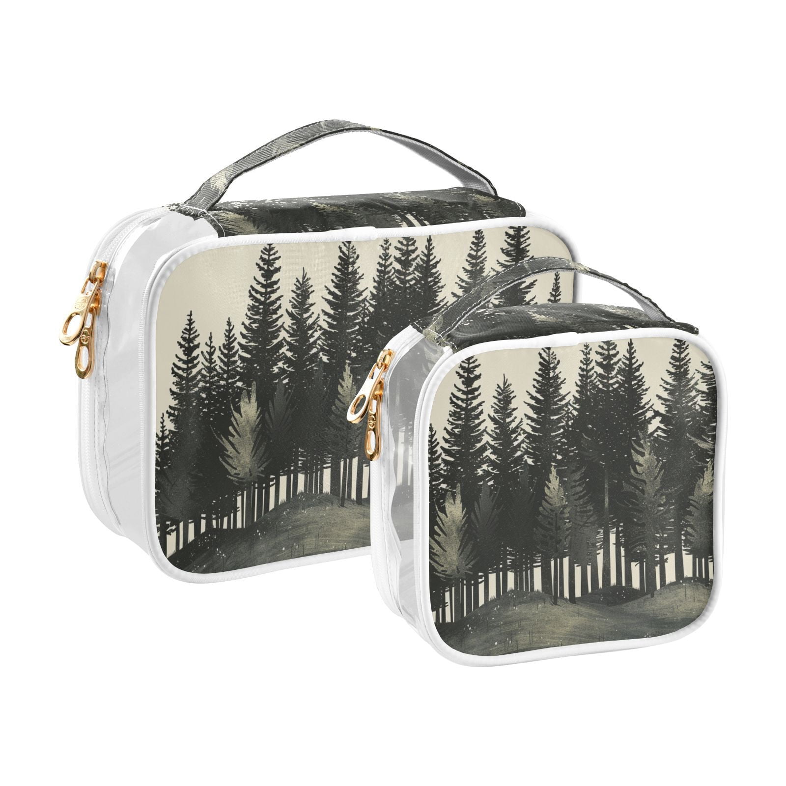 Clear Makeup Bags with Handle Large Opening 2 Pack Set Toiletry Bag Quart Size Bag, for Women Man Traveling Travel Essentials, Toiletries and Other. Hand Drawn Forest