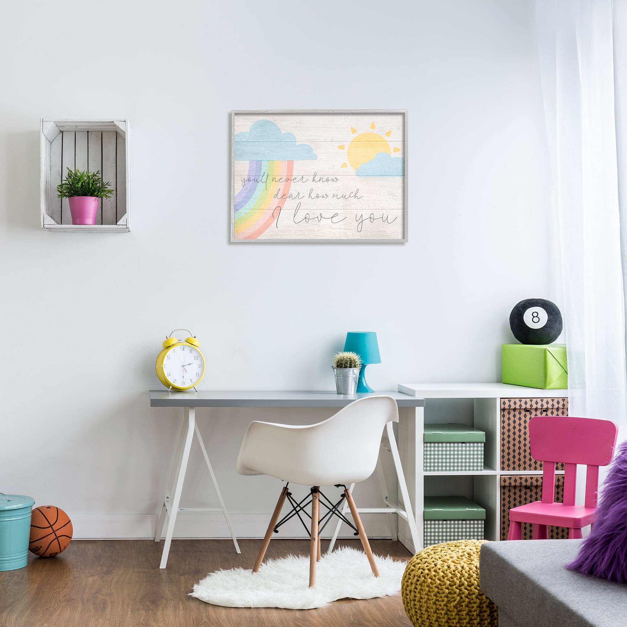 Stupell Industries How Much I Love You Rainbow Clouds and Sun on Planks, 24 x 30,Design by Daphne Polselli