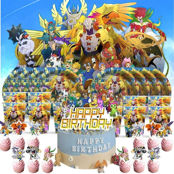 Digimon Monster Birthday Cups Party Supplies Decor Backdrop Paper Plates Fans Decorations Banner