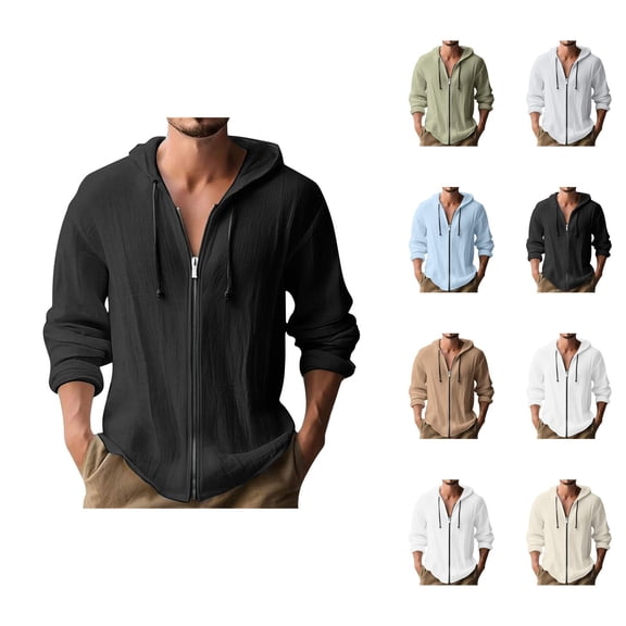 Zip Up Hoodie Men 2026 Spring Fall Long Sleeve Lightweight Cotton Linen Full Zipper Hooded Shirt Jacket Cardigan Outerwear