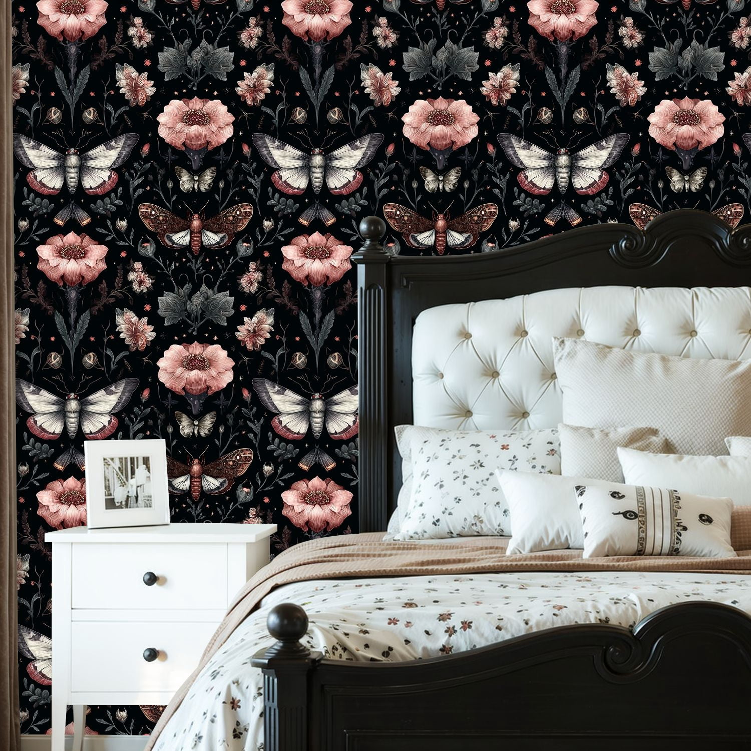 Peel and Stick Wallpaper Moths Floral Pink Flowers Dark Botanical Wall Mural 23.6in x 9.8ft Self Adhesive Removable Wall Paper Renter Friendly Wallpaper for Nursery Bedroom Cabinets