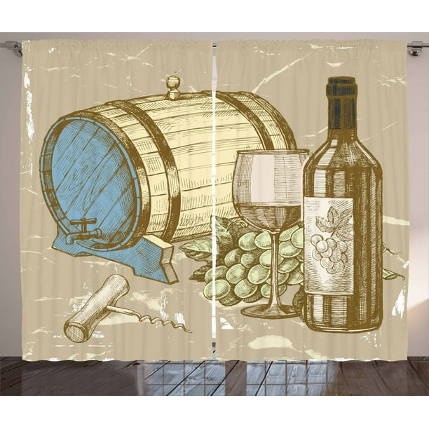 Wine Curtains 2 Panels Set, Vintage Hand Drawn Style IIlustration of