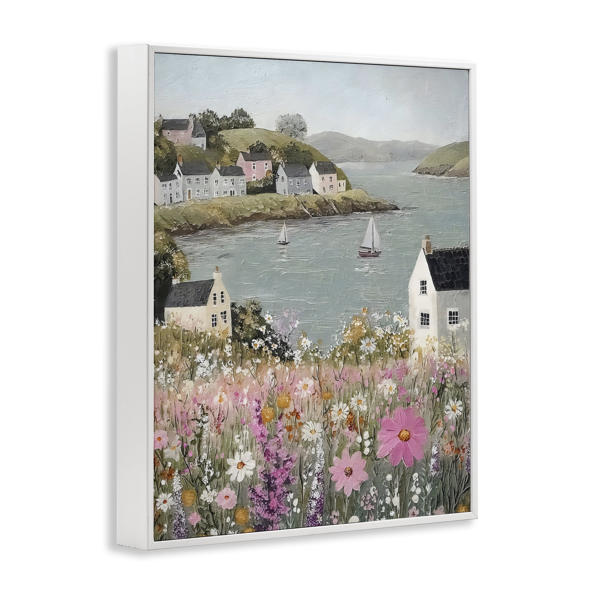 Stupell Industries Seaside Cottages & Sailboats White Framed Giclee Art, design by Riley B