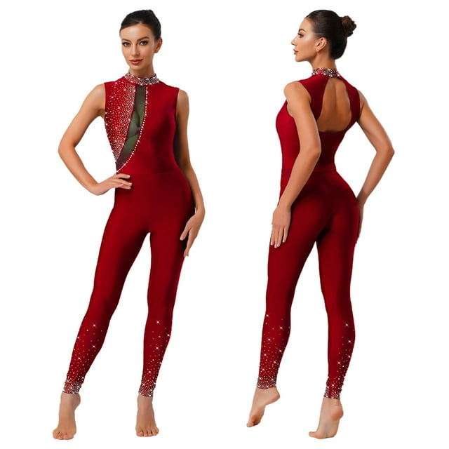 Fldy Womens Sparkly Rhinestone Gymnastics Romper Sleeveless Unitard for Rhythmic Dance Competition Burgundy S