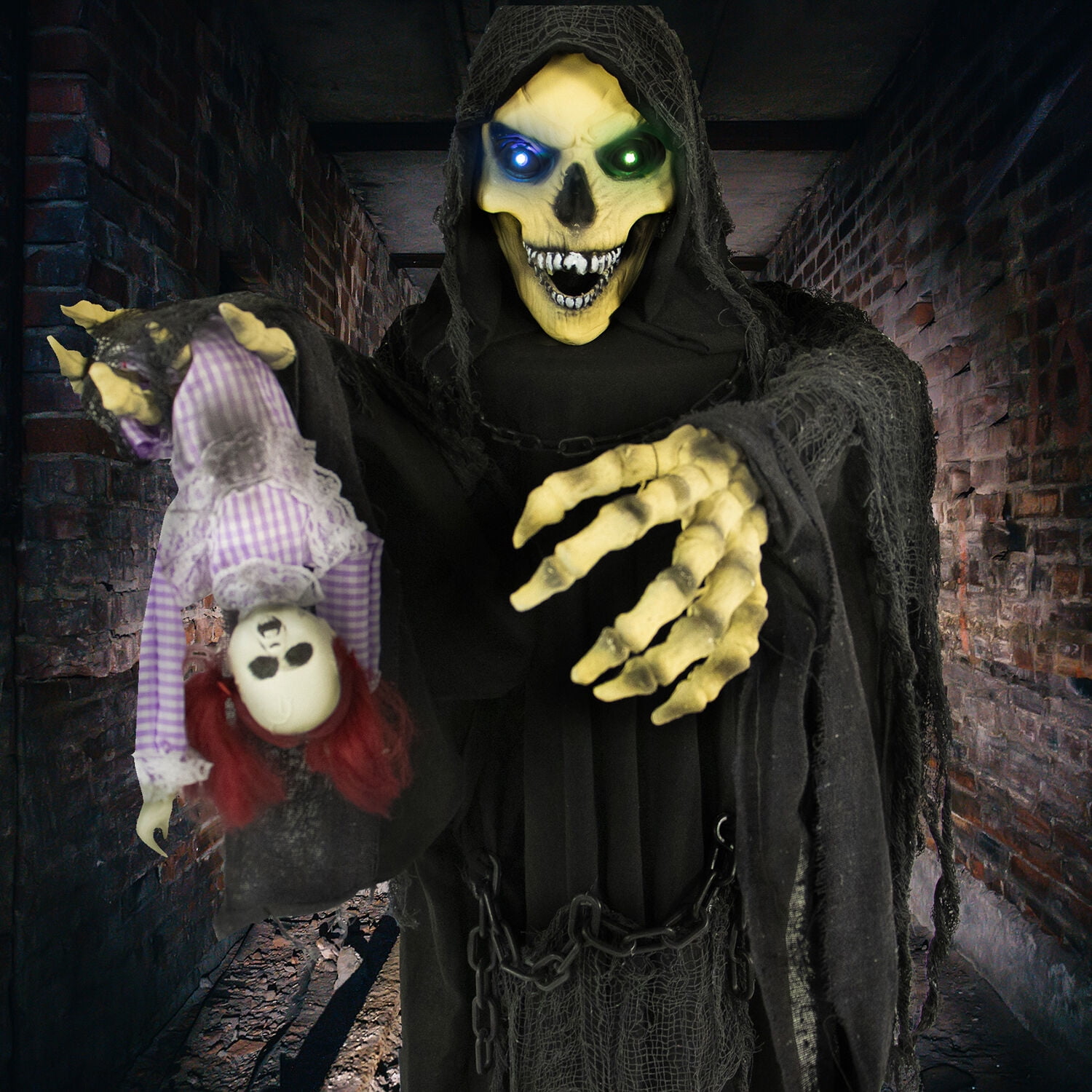 Haunted Hill Farm Life-Size 5.7 ft Animatronic Reaper, Indoor/Outdoor Halloween Decoration, Flashing Colorful Eyes, Poseable, Battery-Operated, HHRPR-6FLSA