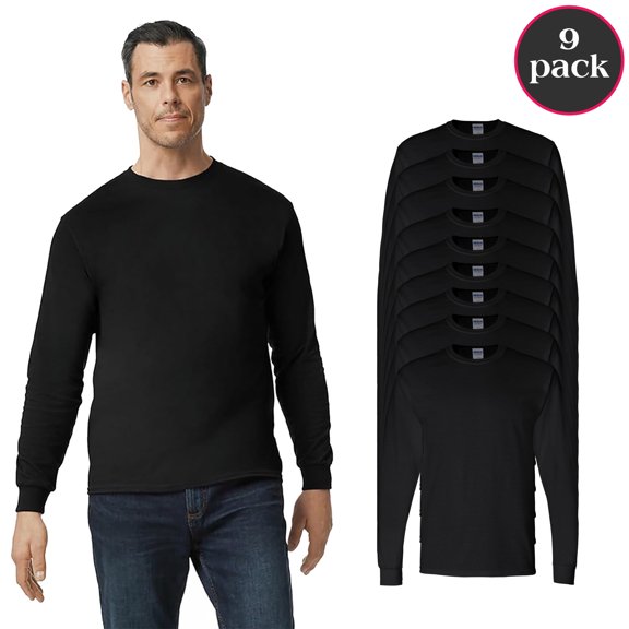 Gildan Men’s Heavy Cotton Long Sleeve T-Shirt, Ribbed Collar and Cuffs Black Tee, 9 Pack, 2XL