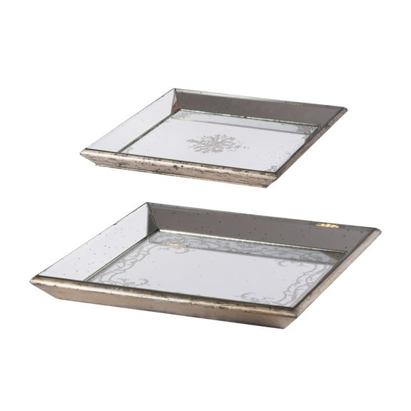 Set of 2 Square Serving Trays, Decorative, Vintage Mirrored, Champagne- Saltoro Sherpi