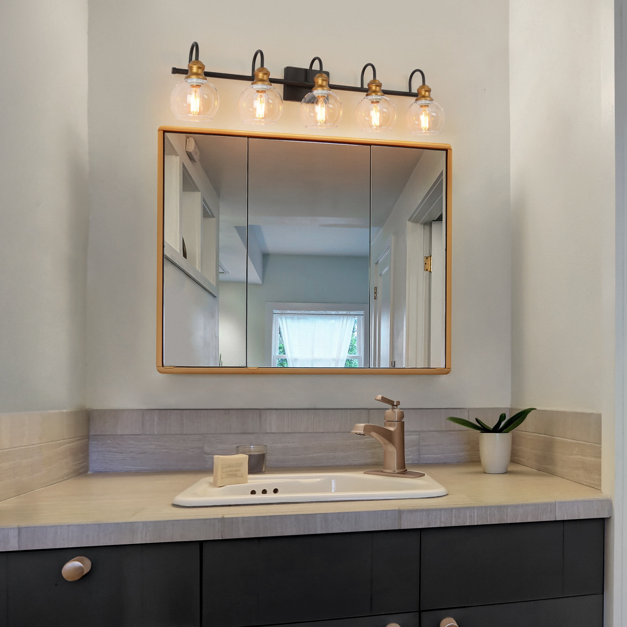 LNC 5-Light Black Round Clear Glass Shade Modern Bathroom Vanity Light
