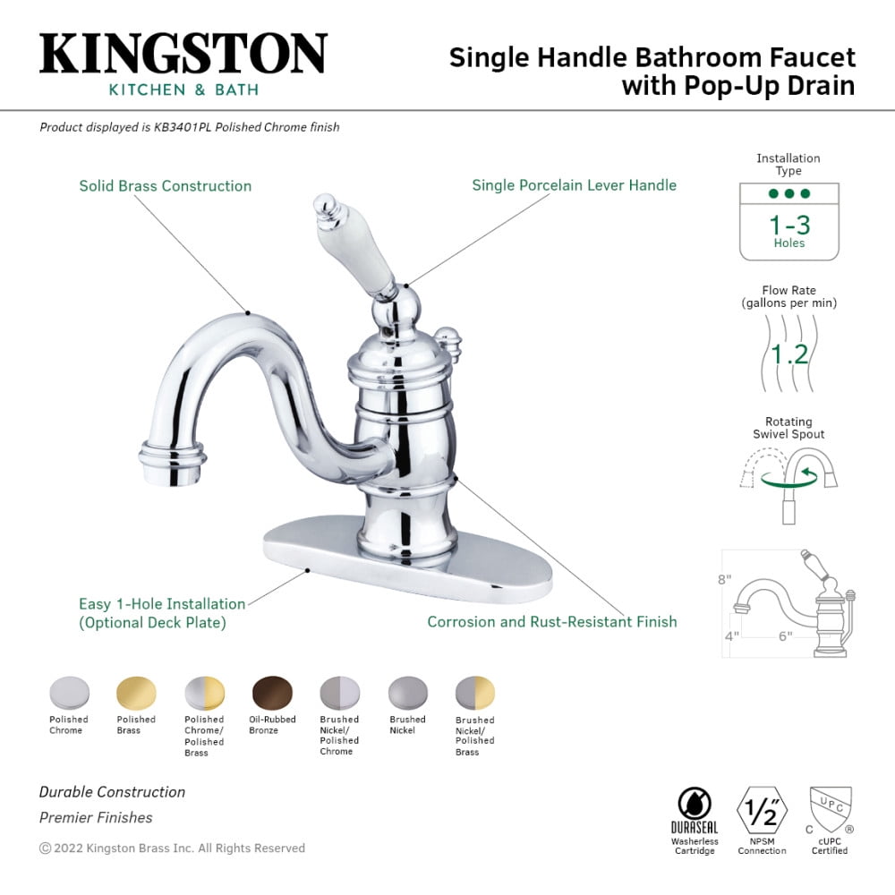 Kingston Brass KB3402PL Victorian 4" Centerset Single Handle Bathroom Faucet, Polished Brass