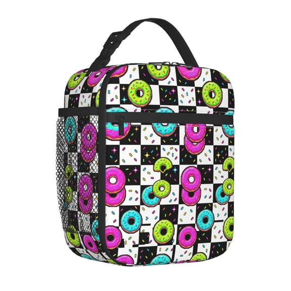 Donut Lunch Bag Insulated Reusable Cooler Tote Portable Meal Prep Bag Side Mesh Pocket Work Office Picnic Travel Daily Use Lightweight Zippered Organizer