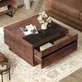 thumbnail image 1 of WAMPAT Table Basse Moderne, Tables Carrées pour Salon avec Verre Trempé et Grands Tiroirs de Rangement, 31,5 Pouces x 31,5 Pouces, Brun, 1 of 7