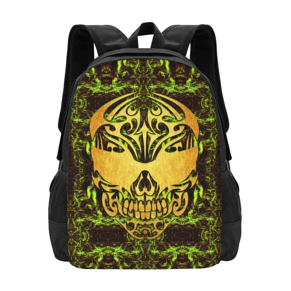 DouZhe Lightweight Backpack, Death Tribal Skull Green Prints Travel Outdoor Hiking Bag School Bookbag Casual Daypack Backpacks for Women Men