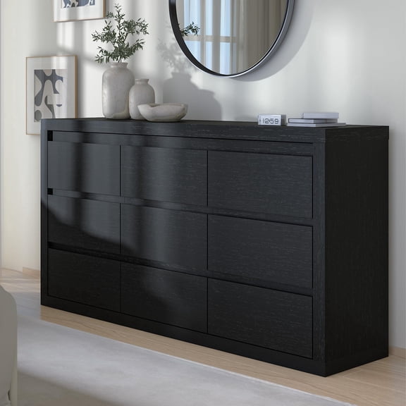 Modern Wide 9-Drawer Wooden Dresser TV Stand with Anti-Tipping for Bedroom Living Room Hallway - Black