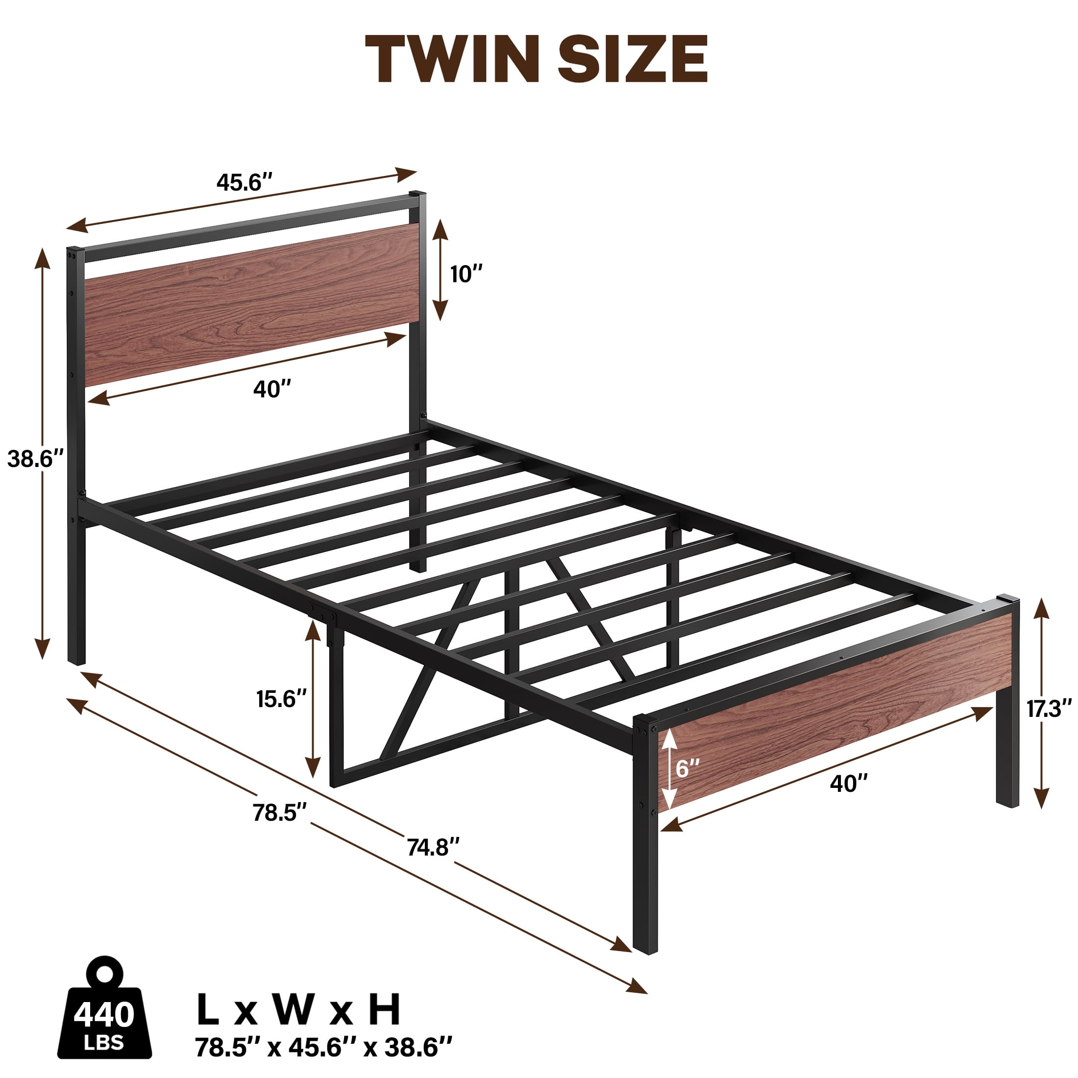 PAPROOS Twin Bed Frame, Metal Twin Bed with Wooden Panel Headboard, Platform Bed with Underbed Storage, Twin Size Metal Bed Frame, No Box Spring Needed, Rustic Brown