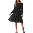 thumbnail image 2 of Vestido Casual de Malla Negro con Cuello Barco, Mangas Largas Abullonadas y Cintura Elástica con Estrellas Brillantes para Mujeres Inspire Chic, 2 of 6