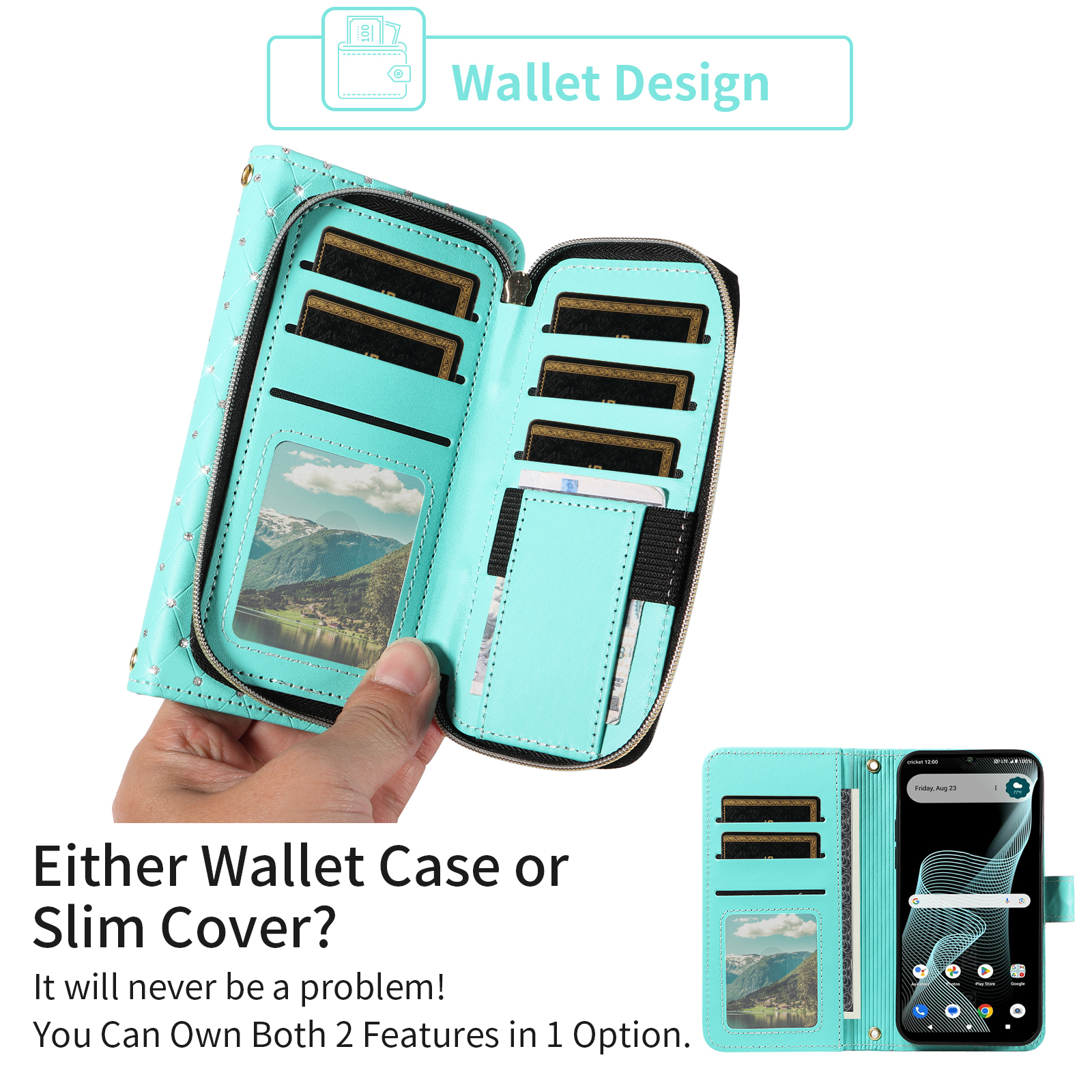 Compatible with Cricket Icon 6 SL219C/AT&T Verge SL219A Wallet Phone Case Tempered Glass Screen Protector Bling Crossbody Lanyard Strap Flip Zipper Purse Card Holder Cell Cover for Women Men Green