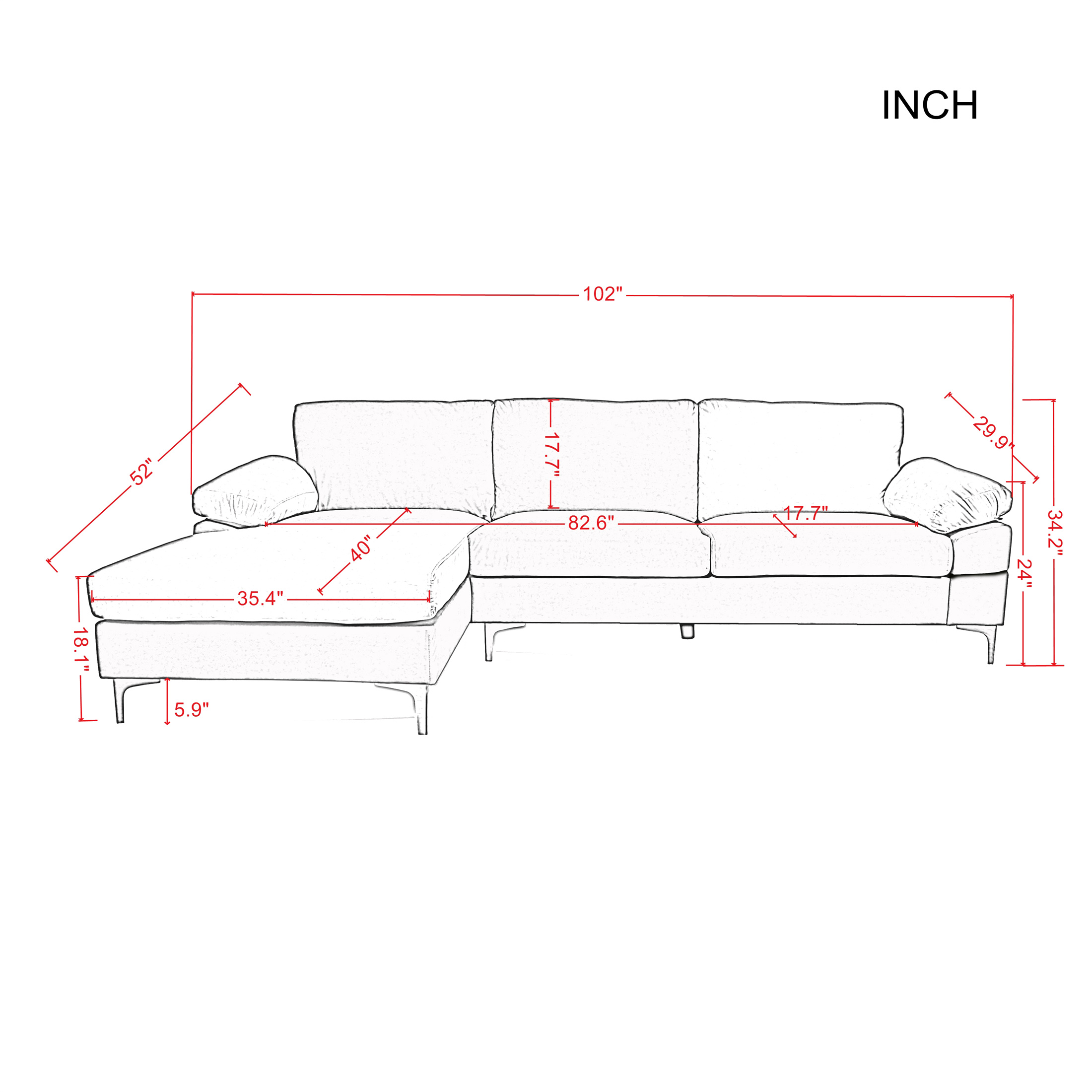 Aukfa 102" Wide Velvet Sectional Couch with Chaise for Living Room, Pink
