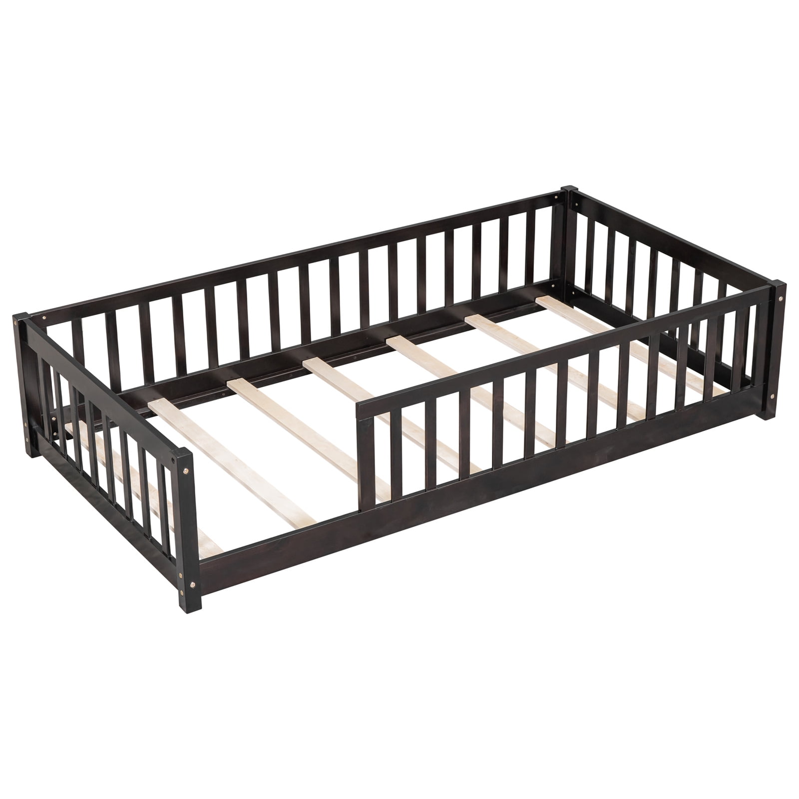 Twin Floor Bed with Fence for Kids, Solid Pine Wood Montessori Bed Frame with Guardrails and Slats System, Playhouse Design Platform Bed for Children Bedroom, Without Door, Espresso