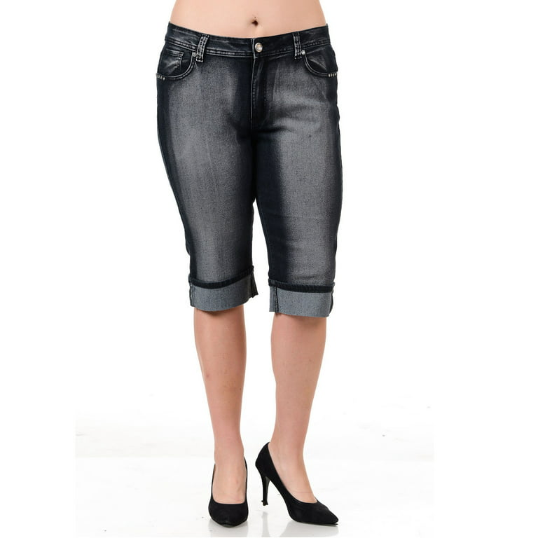 L'SQUARE Womens Plus Size Stretch BLACK Denim Jeans Capri Pants