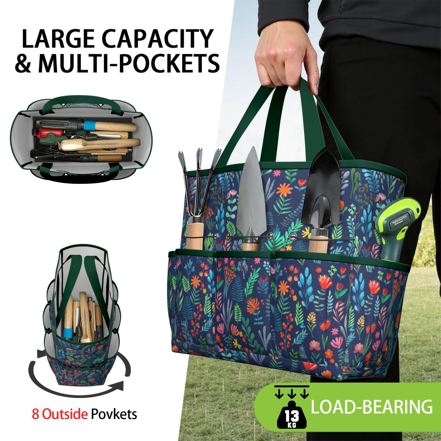 Bright Flowers Garden Tools Bag, Water-proof Oxford Garden Tote Home Organizer Gardening Tool Bag Kit Holder with 8 Pockets for Indoor and Outdoor Gardening(Tools Not Included)