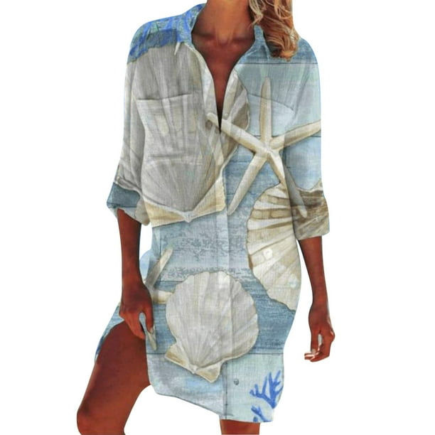 Women'S Cardigans Ocean Print Dress Swimsuit Cover Suntan Dress Shirt ...