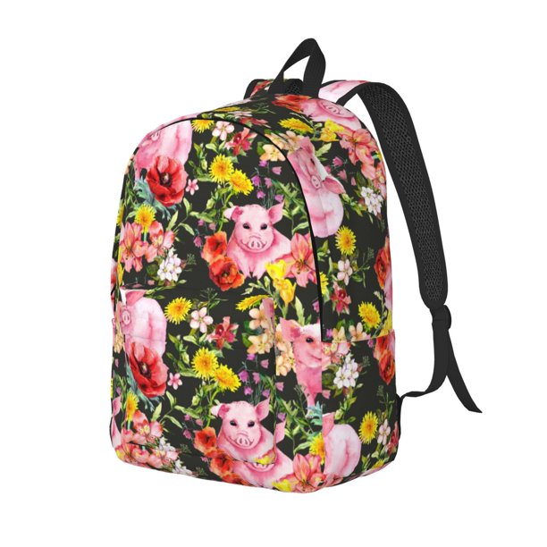 Disketp Cute Pigs Sunflower print Canvas Backpack Lightweight Travel Daypack Student Rucksack Laptop Backpack-Small