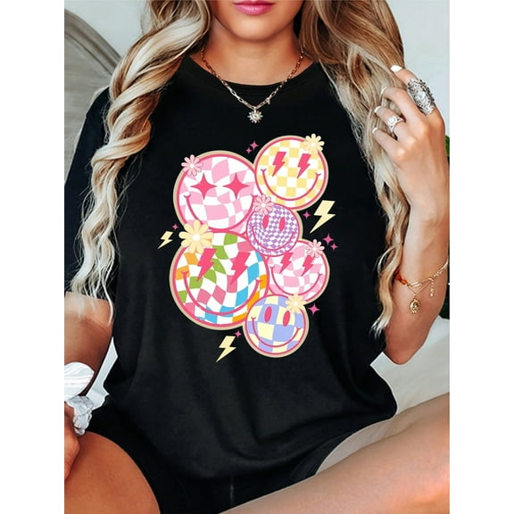 Women's Casual Round Neck T-Shirt With Checkered Smiling Faces Print, Short Sleeve Top For Spring & Summer, Daily Sporty Apparel. 100% Cotton
