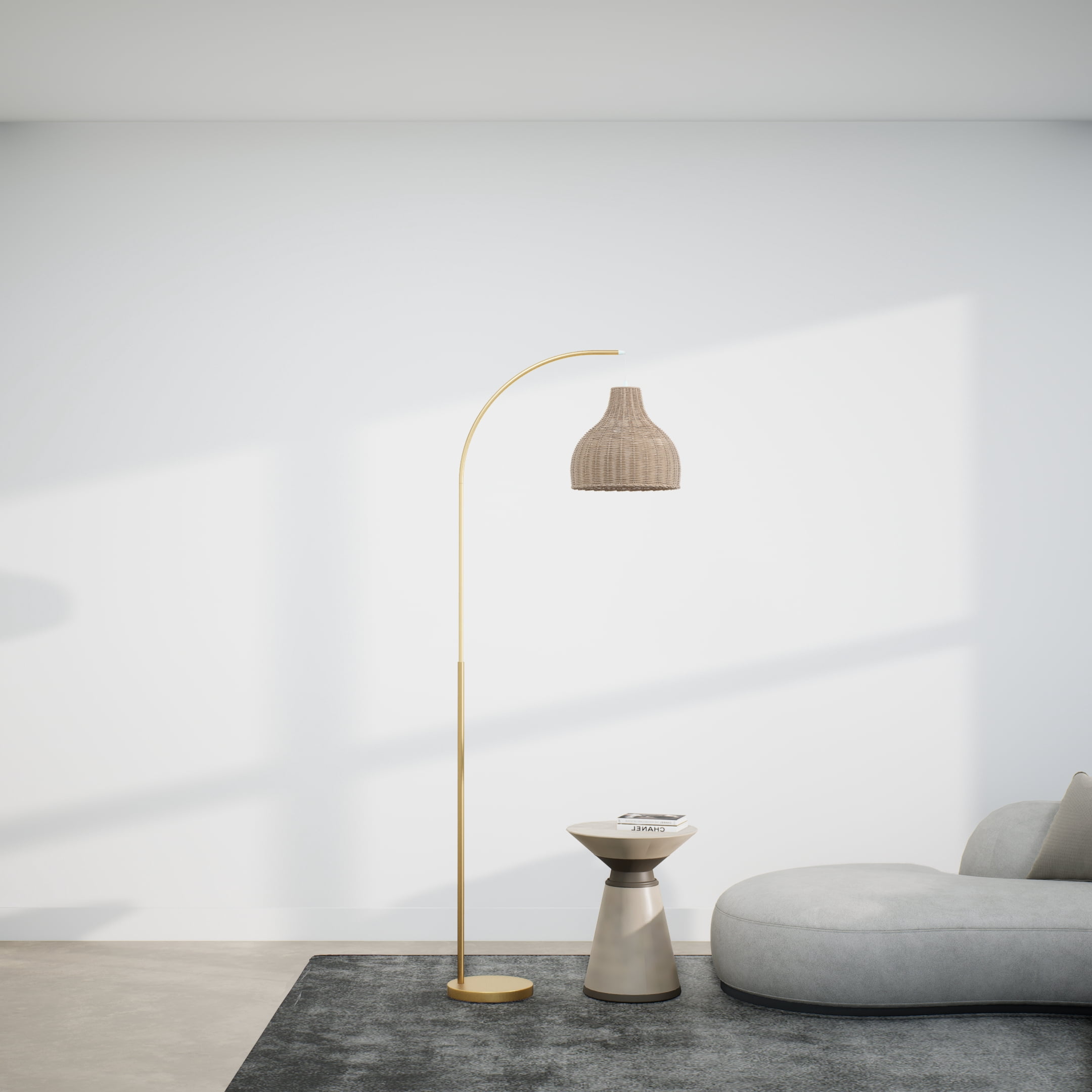 Ozarke Arc Floor Lamp - Brass Rattan Metal Standing Adjustable Tall Lamp for Living Room, Bedroom Modern Design