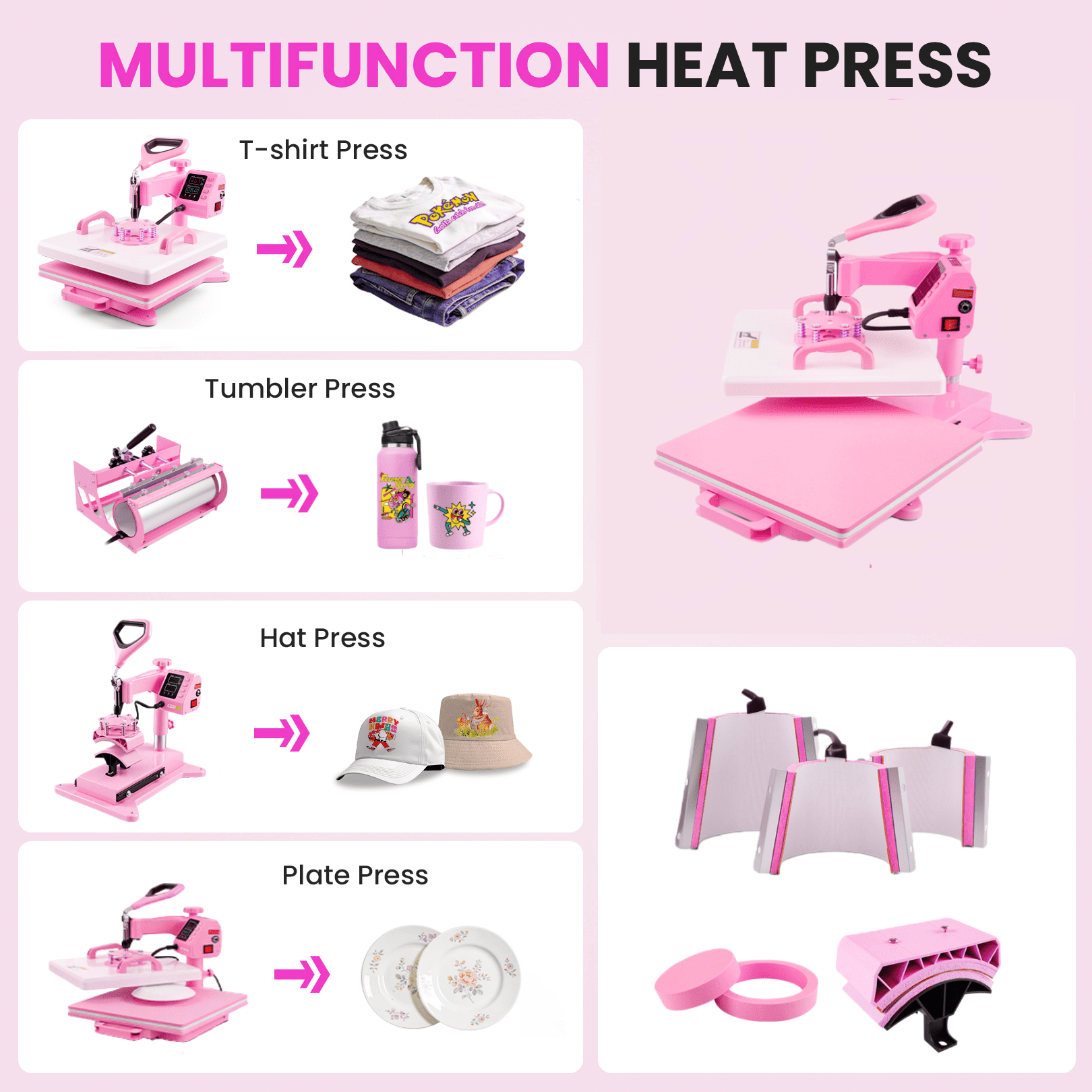 Adnoom Heat Press 15x15, 8 in 1 Multifunctional Shirt Press Machine Combo, 360° Swing Away Sublimation Heat Transfer with LED Display for T-shirts Mugs Hat Plate Cap, Pink