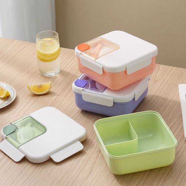 Lunch Box Compartments Portable Office Buckle Locking Camping Square Oven Food Container Sealing Plastic Carrying Kitchen Organizer with Spoon Purple