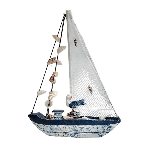 Modelo de velero de madera costero, figura rústica de barco náutico con concha y estrella de mar, adorno de mesa con temática playera y oceánica para sala de estar o dormitorio.