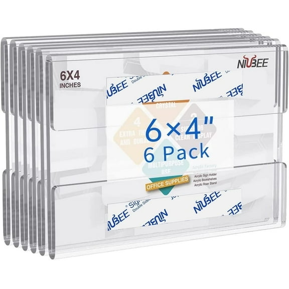 NIUBEE Acrylic Sign Holders,Wall Mount Plastic Sign Holder with 3M Double Sided Tape Adhesive,Memo Document Paper Holder for Office, Home, Restaurant, No Drilling - Horizontal 6"x4"