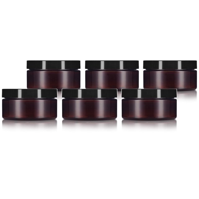8 oz Amber Plastic Refillable Low Profile Jar with Black Lid (6 Pack)