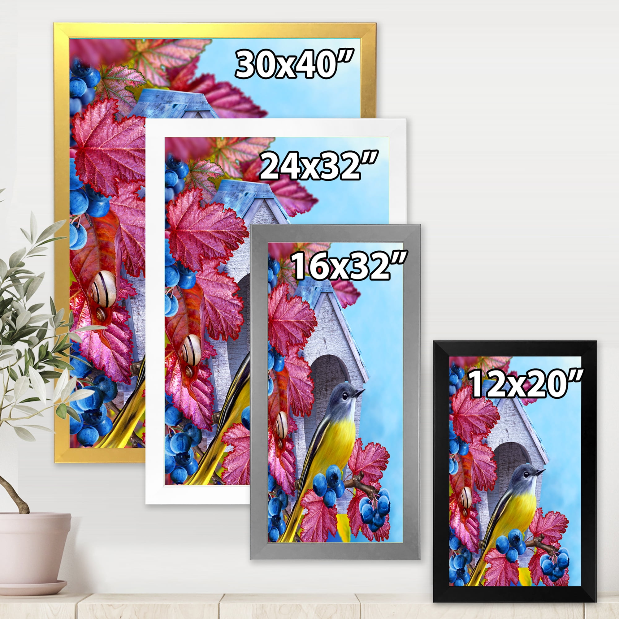 Designart 'Titmouse Bird Sitting On A Berries Branch Near A Birdhouse' Traditional Framed Art Print