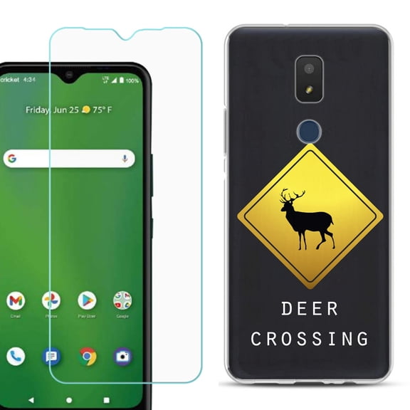 Slim-Fit TPU Fashion Phone Case for Cricket Icon 3, with Tempered Glass Screen Protector, by OneToughShield ® - Road Sign Deer