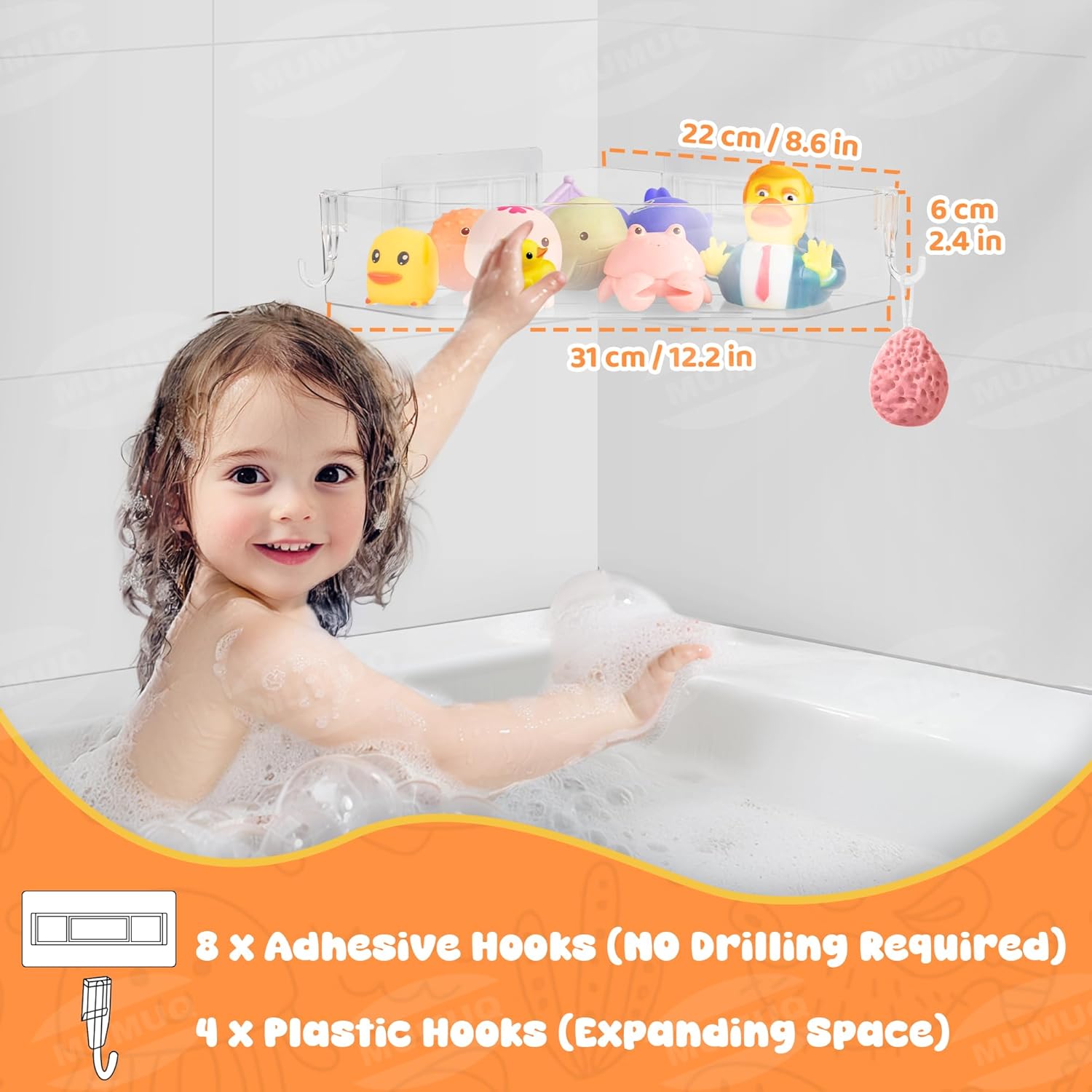 Bath Toy Storage Corner Adhesive Shower Caddy for Baby Bath Toys Bathtub Toy Storage Holder Organizer Large Capacity Acrylic Shower Shelves for Bathroom Babies Bathing Accessories Shelf, 2 Pack