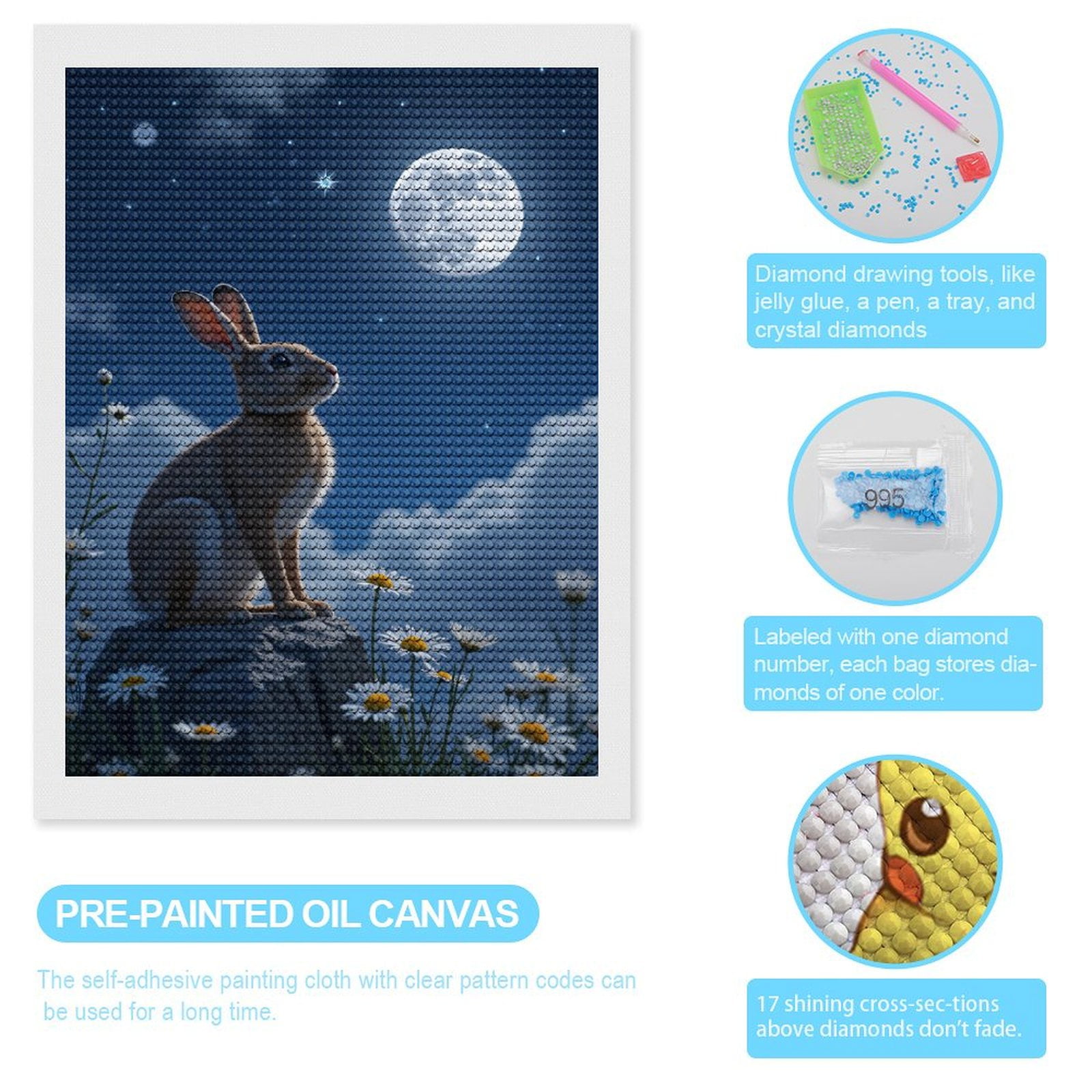 Diamond Art Kits for Adults, Rabbit Moonlit Meadow Night Sky 5D Diamond Painting Kits for Adults Beginners, DIY Full Drill Diamond Painting, Gem Art and Crafts 12x16