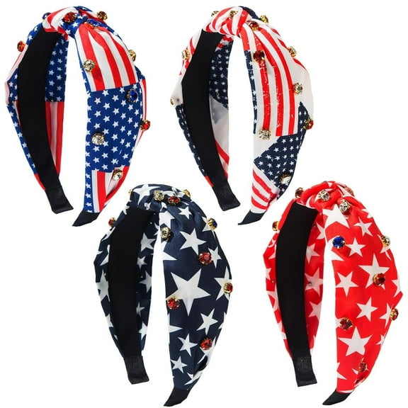 EHIW 4PCS American Flag Headbands for Women ,Wide Knottted Headband, USA Red White and Blue Rhinestone Patriotic Headbands, Crystal Jeweled Hairband, Independence Day Hair Accessories Gifts