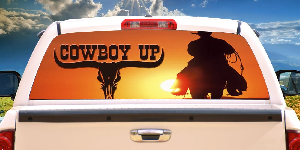 COWBOY UP Rear Window Graphic decal truck gift view thru vinyl horses 