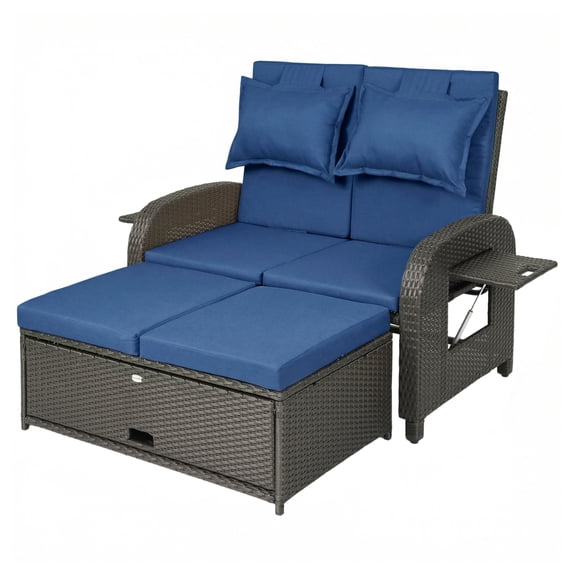 Patio Rattan Daybed, Outdoor Wicker Loveseat with Storage, Adjustable Backrest, Navy Blue