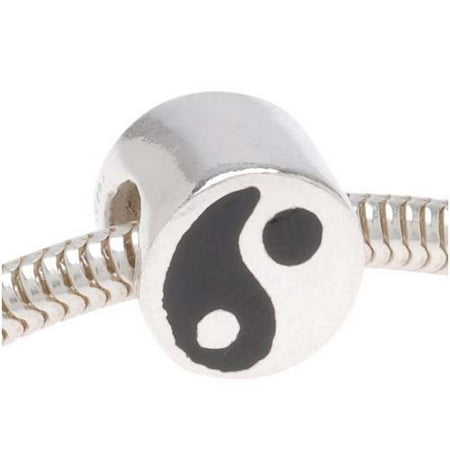 Enamel Sterling Silver Flower Beads - Sterling Silver Yin Yang Black Enamel Bead - European Style Large Hole (1)