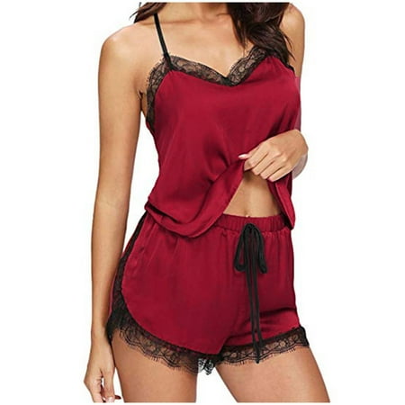 

Tangnade home pajamas Women Sleepwear Sleeveless Strap Nightwear Lace Trim Satin Cami Top Pajama Sets the Lingerie Wine Red L