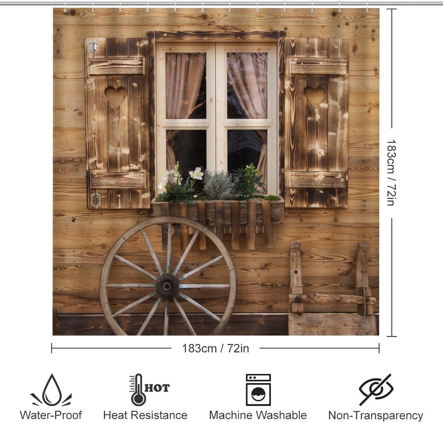 Country Barn Door 4 Pcs Shower Curtain set Bathroom Set Rustic Farmhouse Wooden Board Full Moon Shower Mat Shower Curtain with Rug 12 Hooks,72" W x 72" L