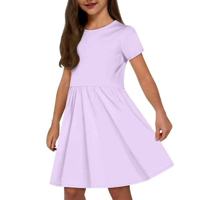 Robes Filles Mode Enfants Uni Col Rond Manches Courtes Décontracté Confortable Robe avec Poches Robe Tout-Petit Violet 7 Ans-8 Ans