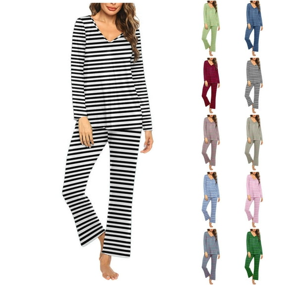 VBTAPA Womens Pajama Sets Striped Print Long Sleeve V Neck Top and Straight Leg Long Pants Matching Pjs Set 2 Piece Sleepwear Loungewear Home Wear Red M