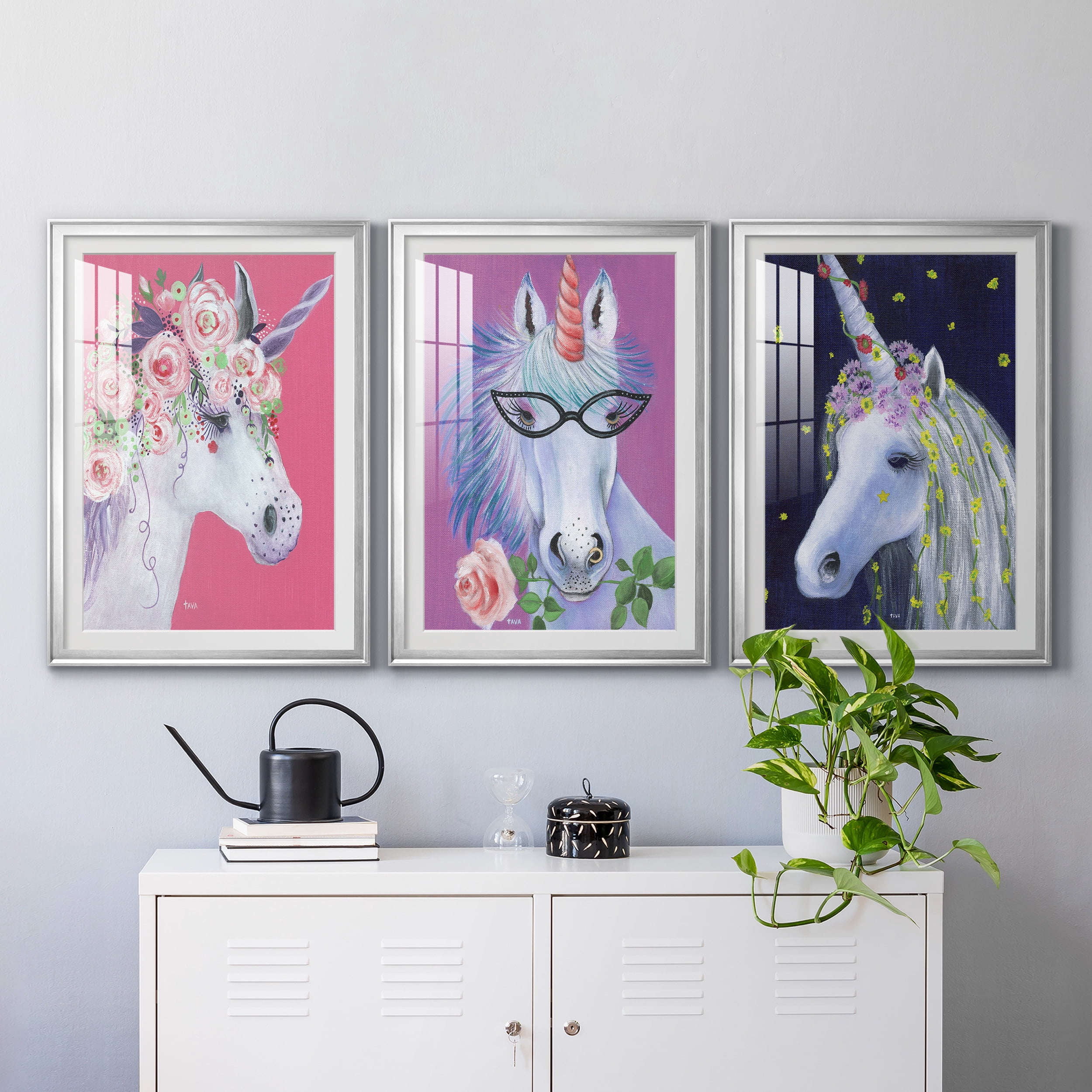 Unicorn II Premium Framed Prints Set of 3 - Ready to Hang - 26.5 x 36.5 Each - Silver Frame