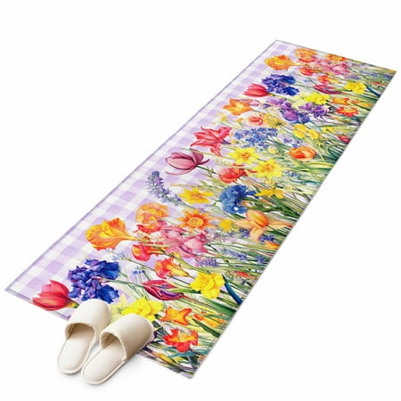 Purple Plaid Tulip Runner Rug 2x6 FT Non Slip Hallway Carpet Spring Floral Watercolor Botanical Washable Soft Floor Carpet Throw Runner Carpet Long Rug for Entryway Kitchen Bedside Sliding Door