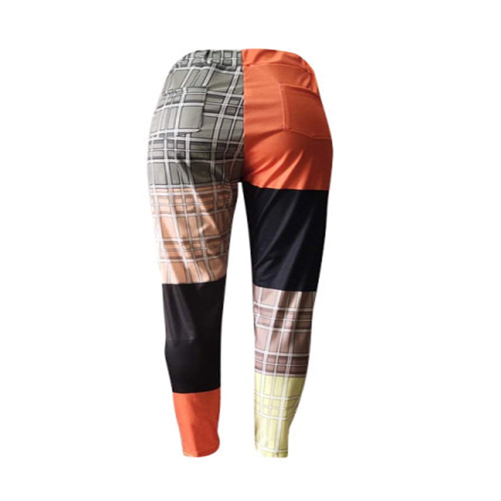 Pantalon Droit pour Femmes avec Poches à Carreaux Color Block